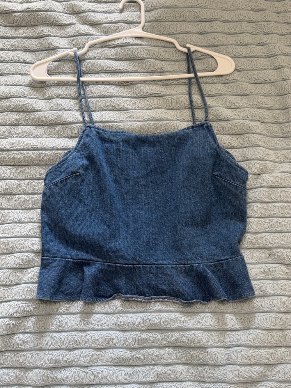 American Eagle Outfitters Denim Spaghetti-Strap Peplum Top - Dark Blue